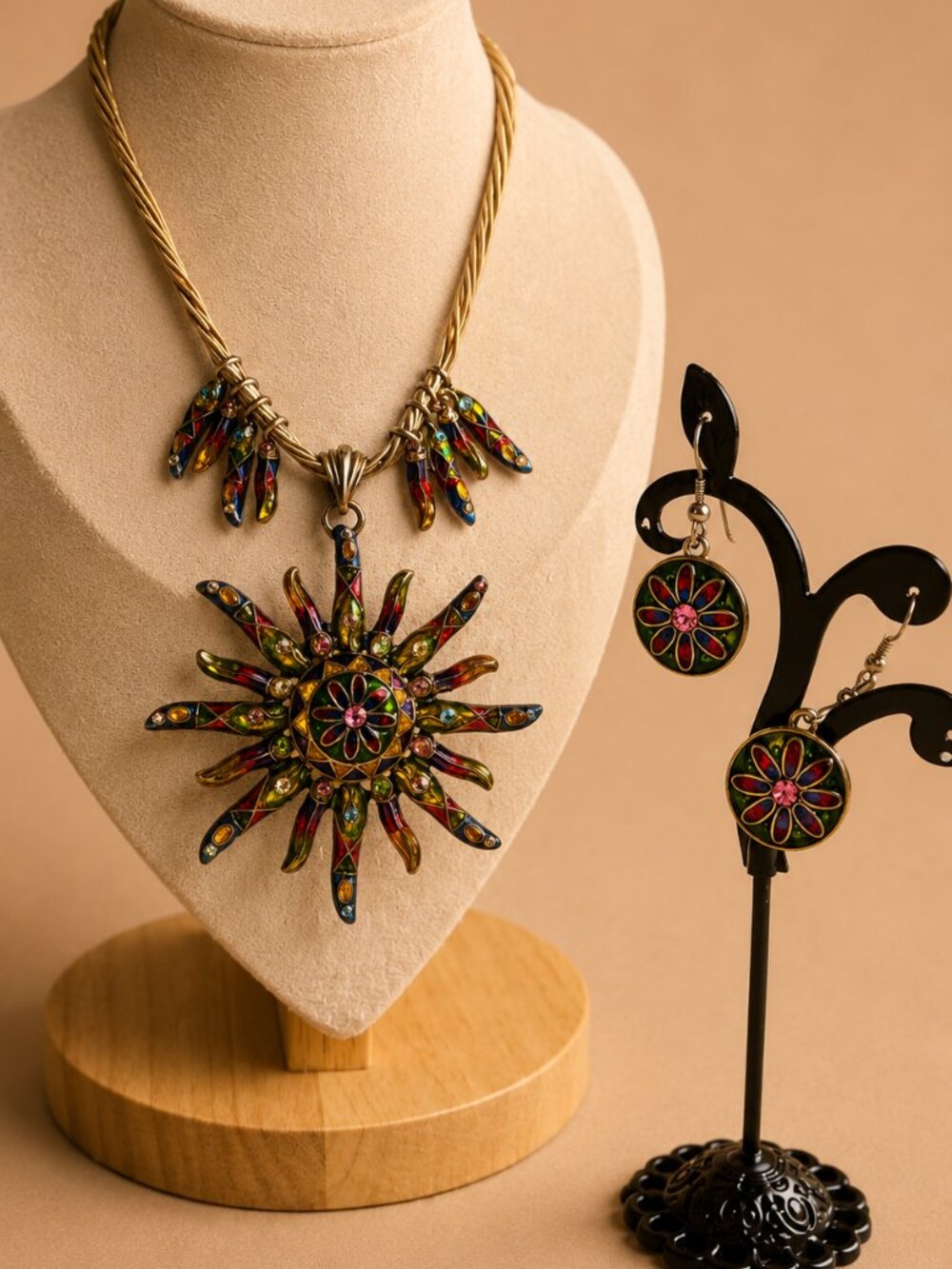 Vintage 80 Sunburst Necklace & Earrings Enamel Rhinestone Statement 12" Festival